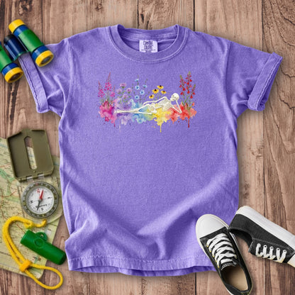 Halloween Skeleton Watercolor Wildflowers Kids Cotton T-Shirt