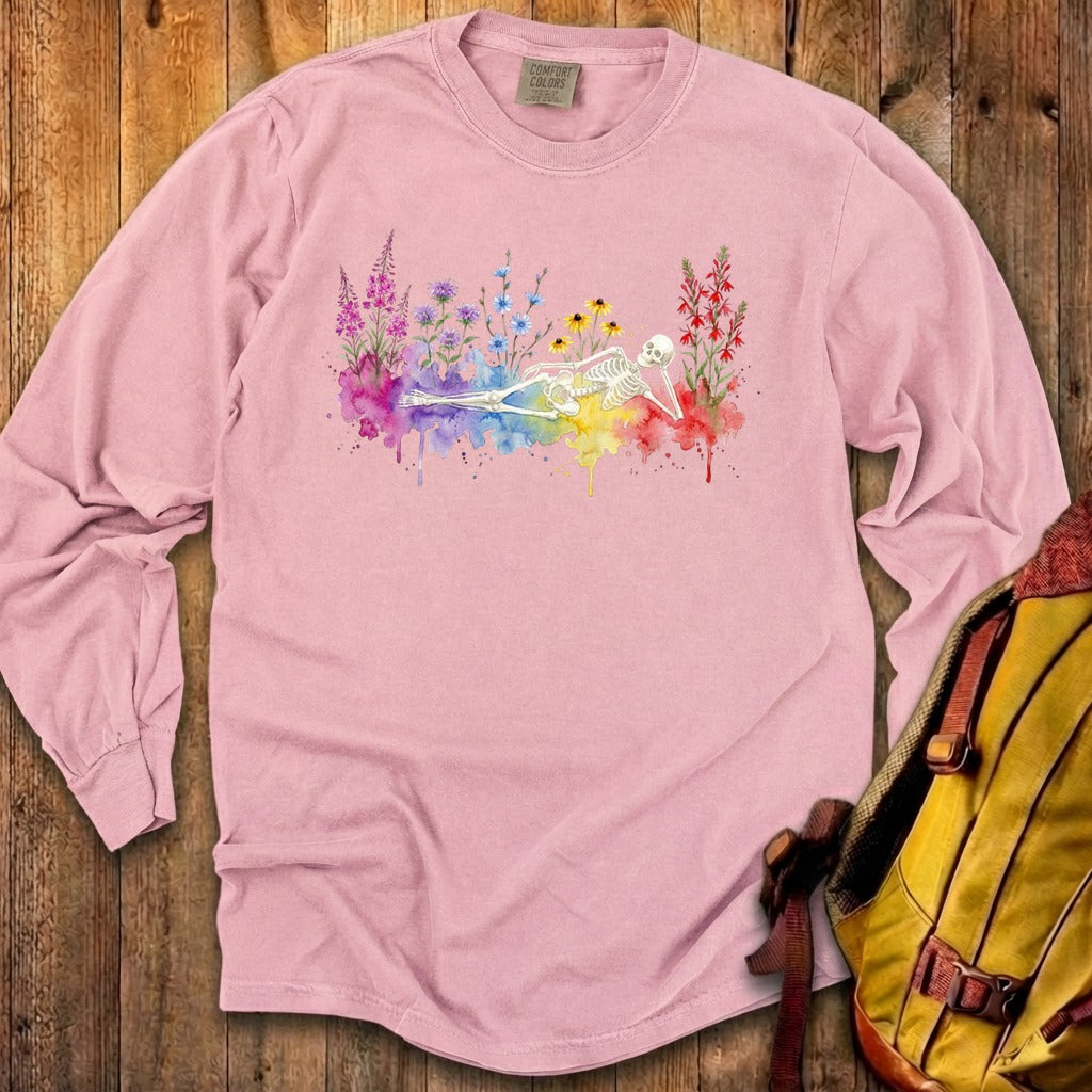 Halloween Skeleton Watercolor Wildflowers Premium Long Sleeve