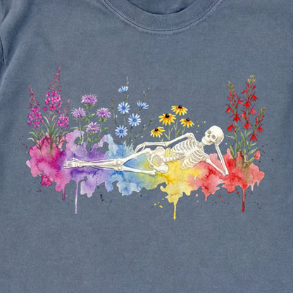 Halloween Skeleton Watercolor Wildflowers Premium Long Sleeve