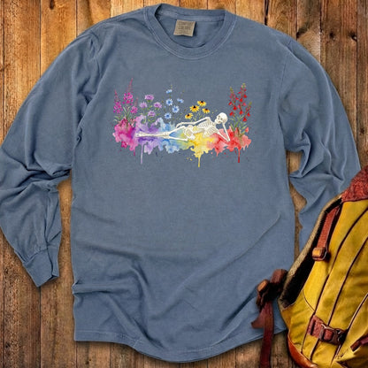 Halloween Skeleton Watercolor Wildflowers Premium Long Sleeve