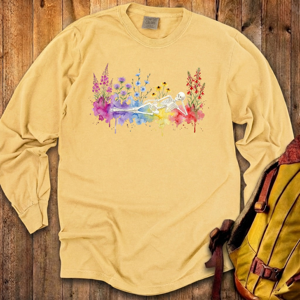 Halloween Skeleton Watercolor Wildflowers Premium Long Sleeve