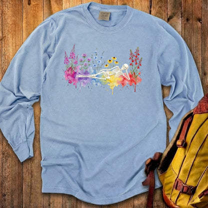 Halloween Skeleton Watercolor Wildflowers Premium Long Sleeve