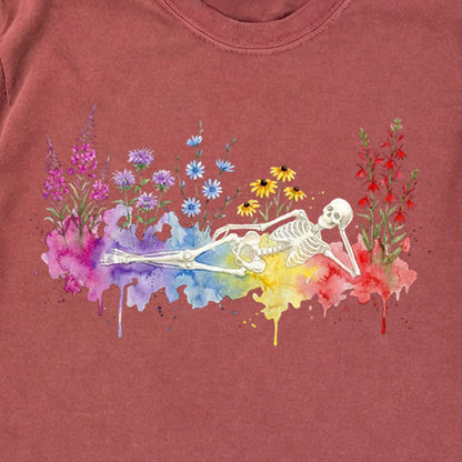 Halloween Skeleton Watercolor Wildflowers Premium Long Sleeve