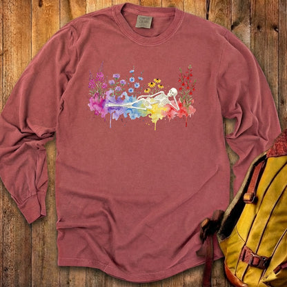 Halloween Skeleton Watercolor Wildflowers Premium Long Sleeve