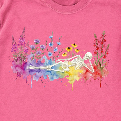 Halloween Skeleton Watercolor Wildflowers Premium Long Sleeve