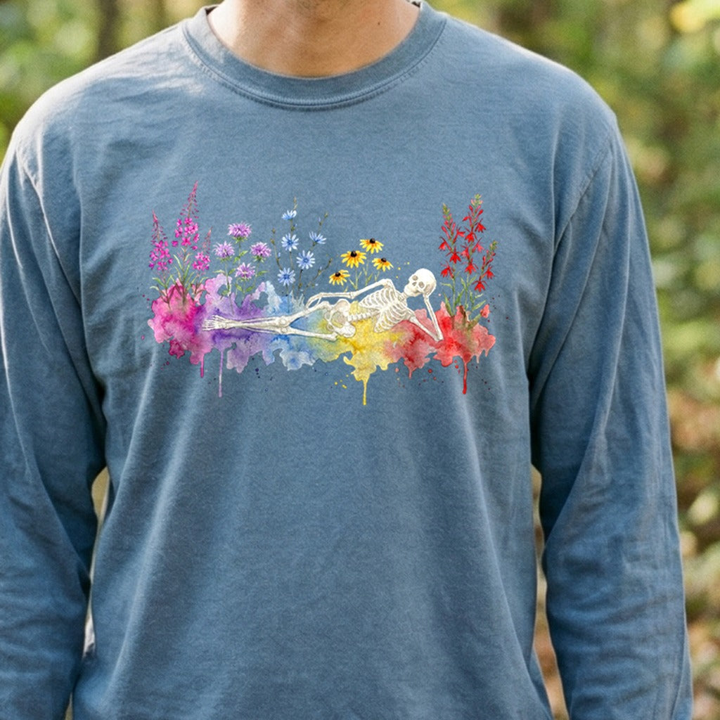 Halloween Skeleton Watercolor Wildflowers Premium Long Sleeve