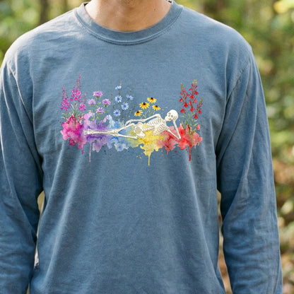 Halloween Skeleton Watercolor Wildflowers Premium Long Sleeve