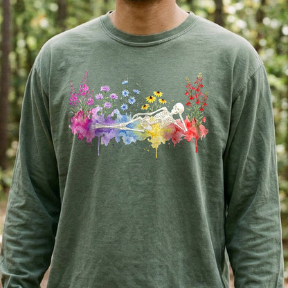 Halloween Skeleton Watercolor Wildflowers Premium Long Sleeve