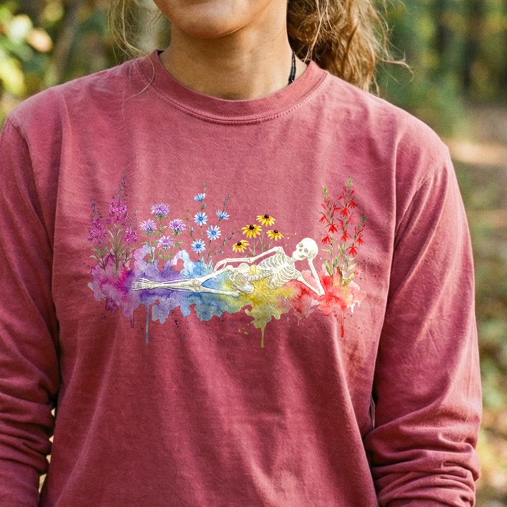Halloween Skeleton Watercolor Wildflowers Premium Long Sleeve