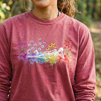 Halloween Skeleton Watercolor Wildflowers Premium Long Sleeve