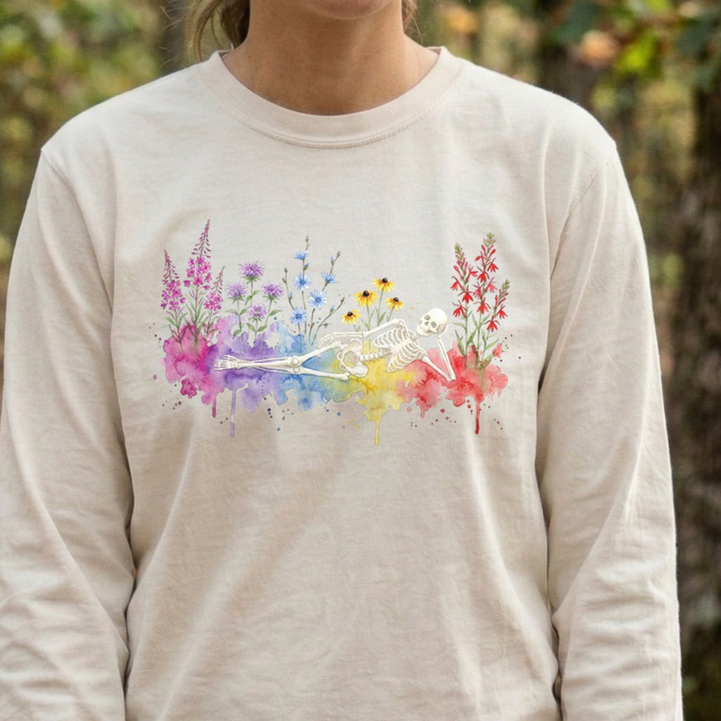 Halloween Skeleton Watercolor Wildflowers Premium Long Sleeve