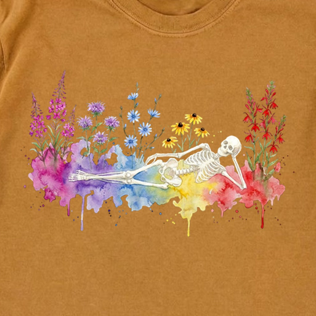 Halloween Skeleton Watercolor Wildflowers Premium Long Sleeve