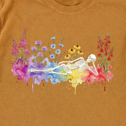 Halloween Skeleton Watercolor Wildflowers Premium Long Sleeve