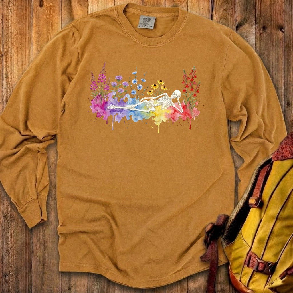 Halloween Skeleton Watercolor Wildflowers Premium Long Sleeve