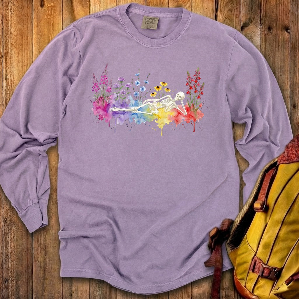 Halloween Skeleton Watercolor Wildflowers Premium Long Sleeve