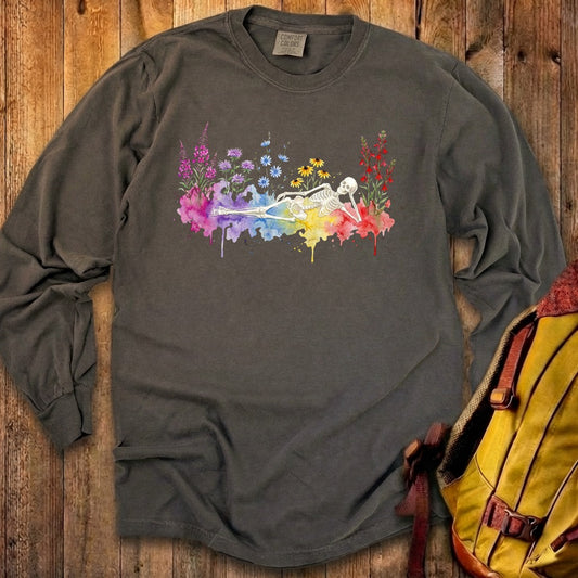 Halloween Skeleton Watercolor Wildflowers Premium Long Sleeve