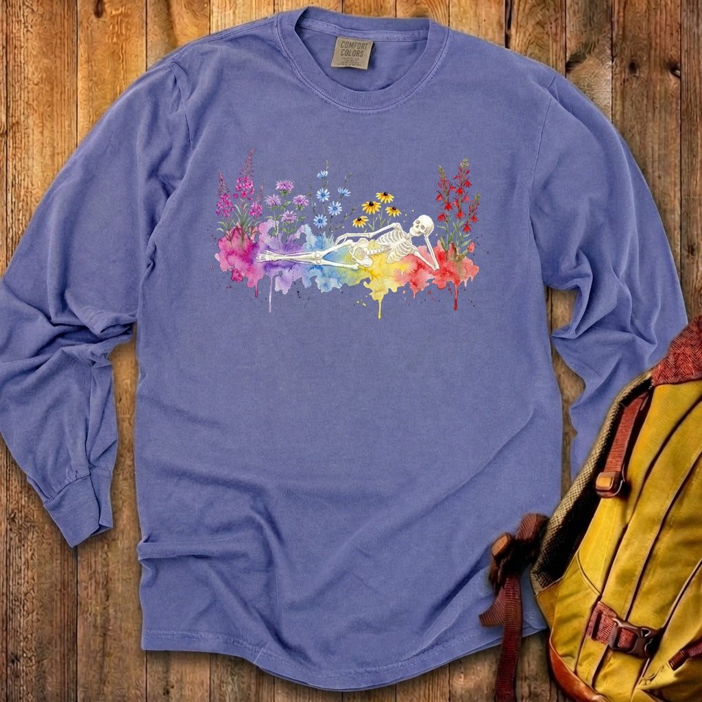 Halloween Skeleton Watercolor Wildflowers Premium Long Sleeve