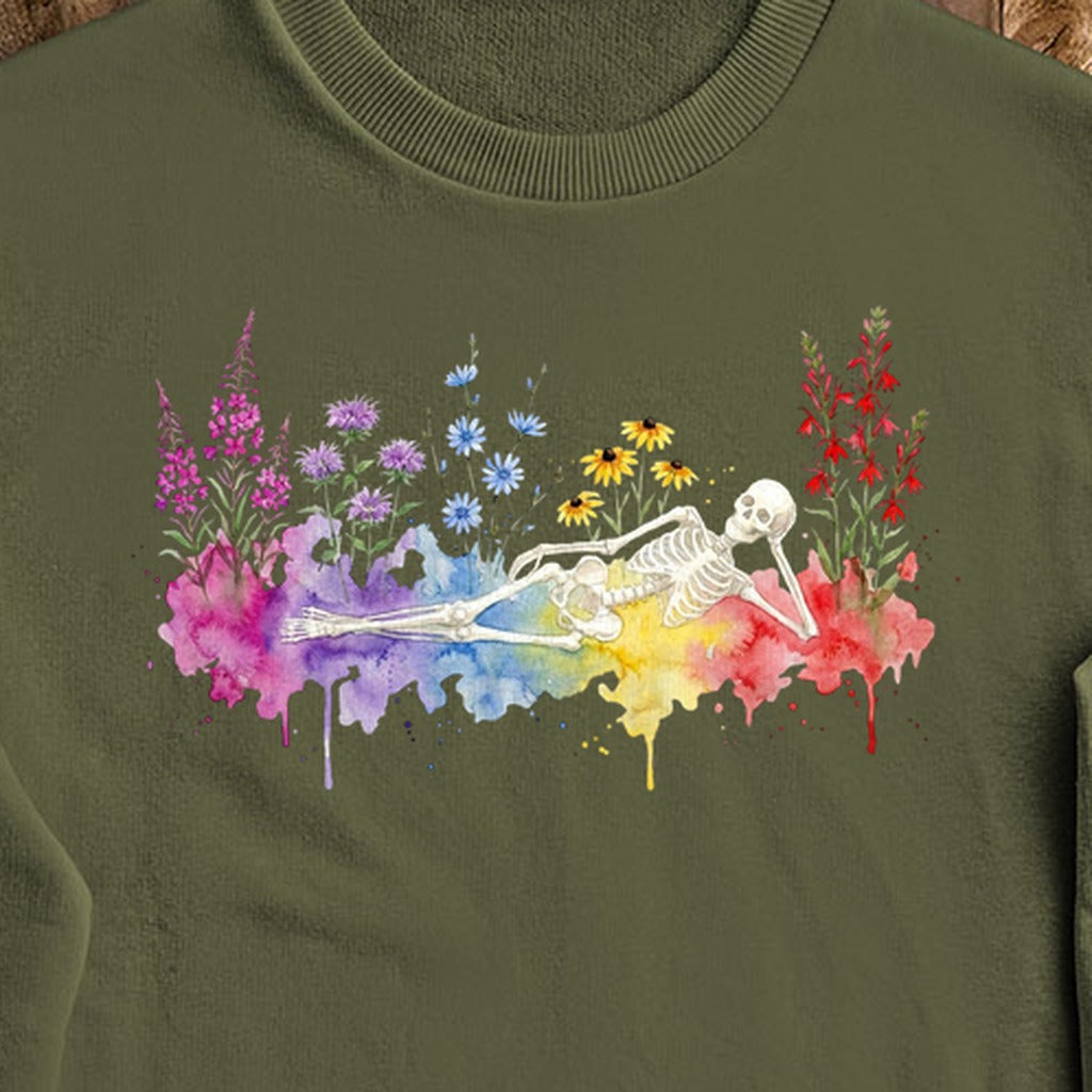 Halloween Skeleton Watercolor Wildflowers Crewneck Sweatshirt