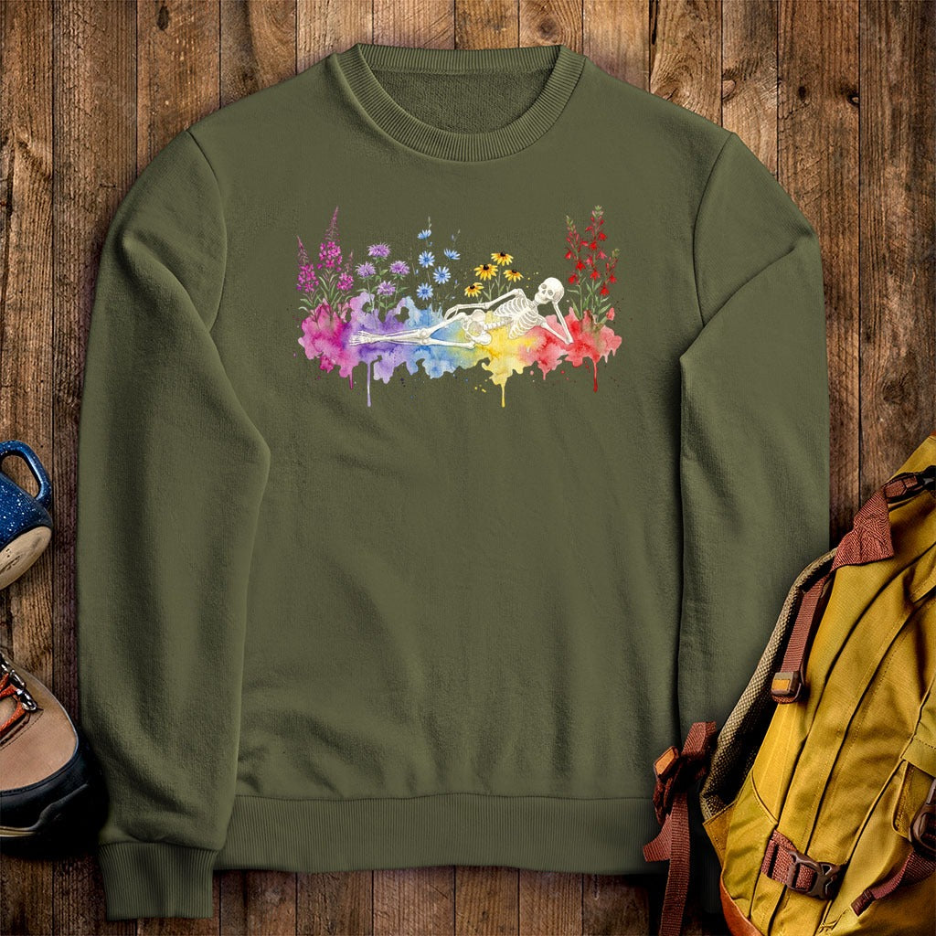 Halloween Skeleton Watercolor Wildflowers Crewneck Sweatshirt