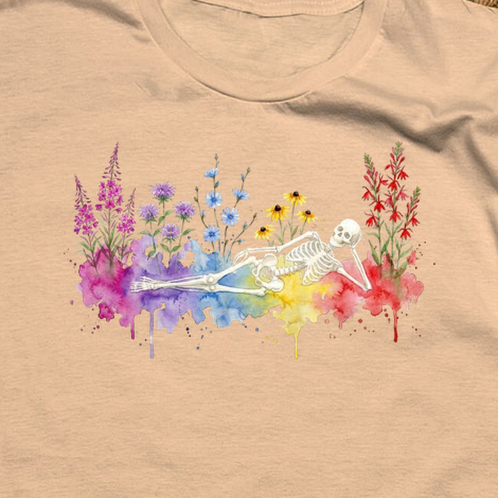 Halloween Skeleton Watercolor Wildflowers T-Shirt
