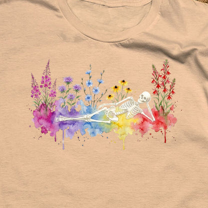 Halloween Skeleton Watercolor Wildflowers T-Shirt