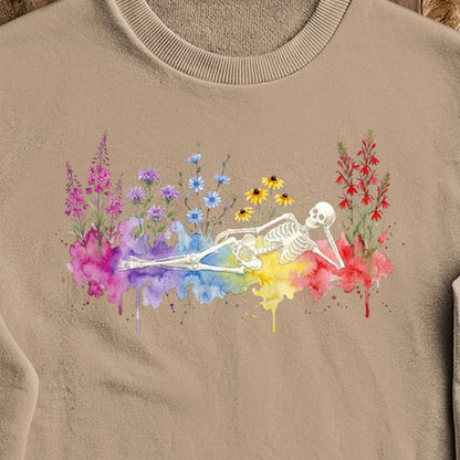 Halloween Skeleton Watercolor Wildflowers Crewneck Sweatshirt