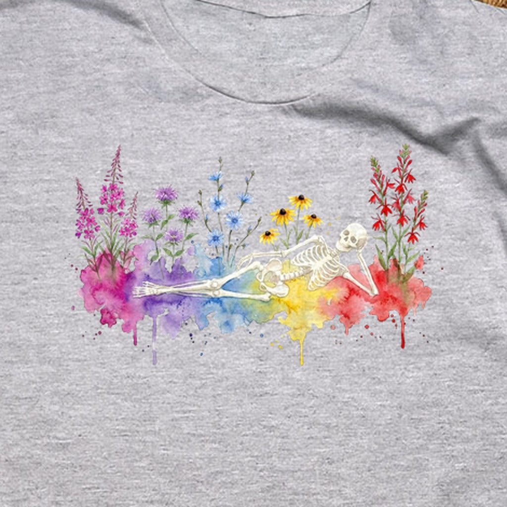 Halloween Skeleton Watercolor Wildflowers T-Shirt