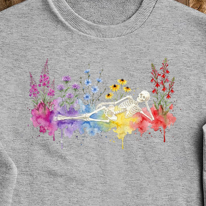 Halloween Skeleton Watercolor Wildflowers Crewneck Sweatshirt