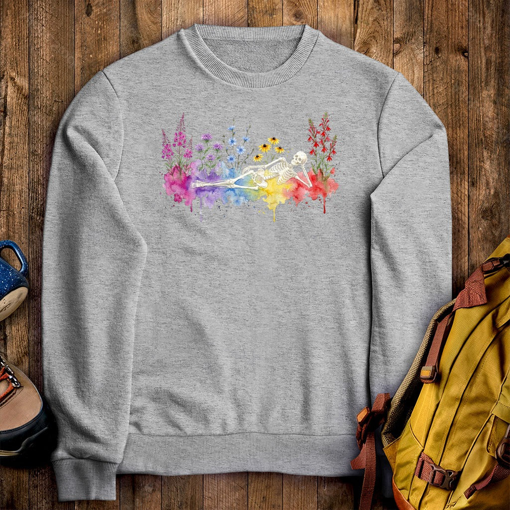 Halloween Skeleton Watercolor Wildflowers Crewneck Sweatshirt
