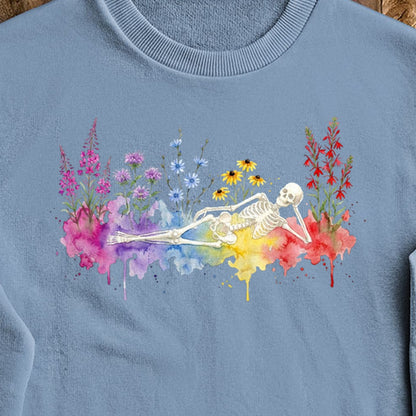 Halloween Skeleton Watercolor Wildflowers Crewneck Sweatshirt