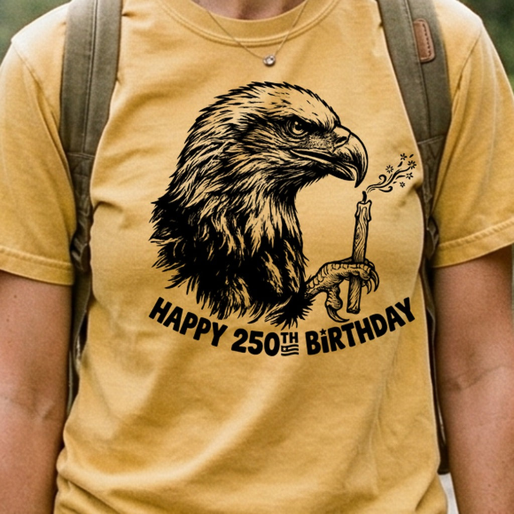 Happy 250th Birthday America Eagle Blowing Out a Candle Cotton T-Shirt