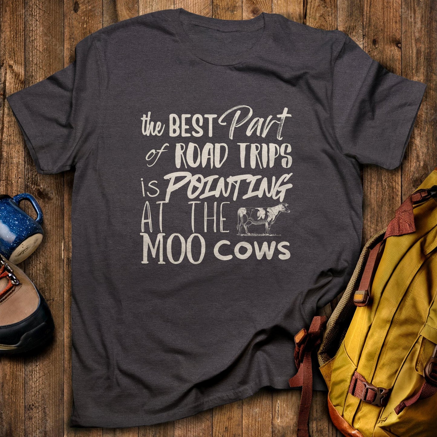Moo Cows Road Trip T-Shirt Dark Heather Adventure and Outdoors Themed T-Shirt