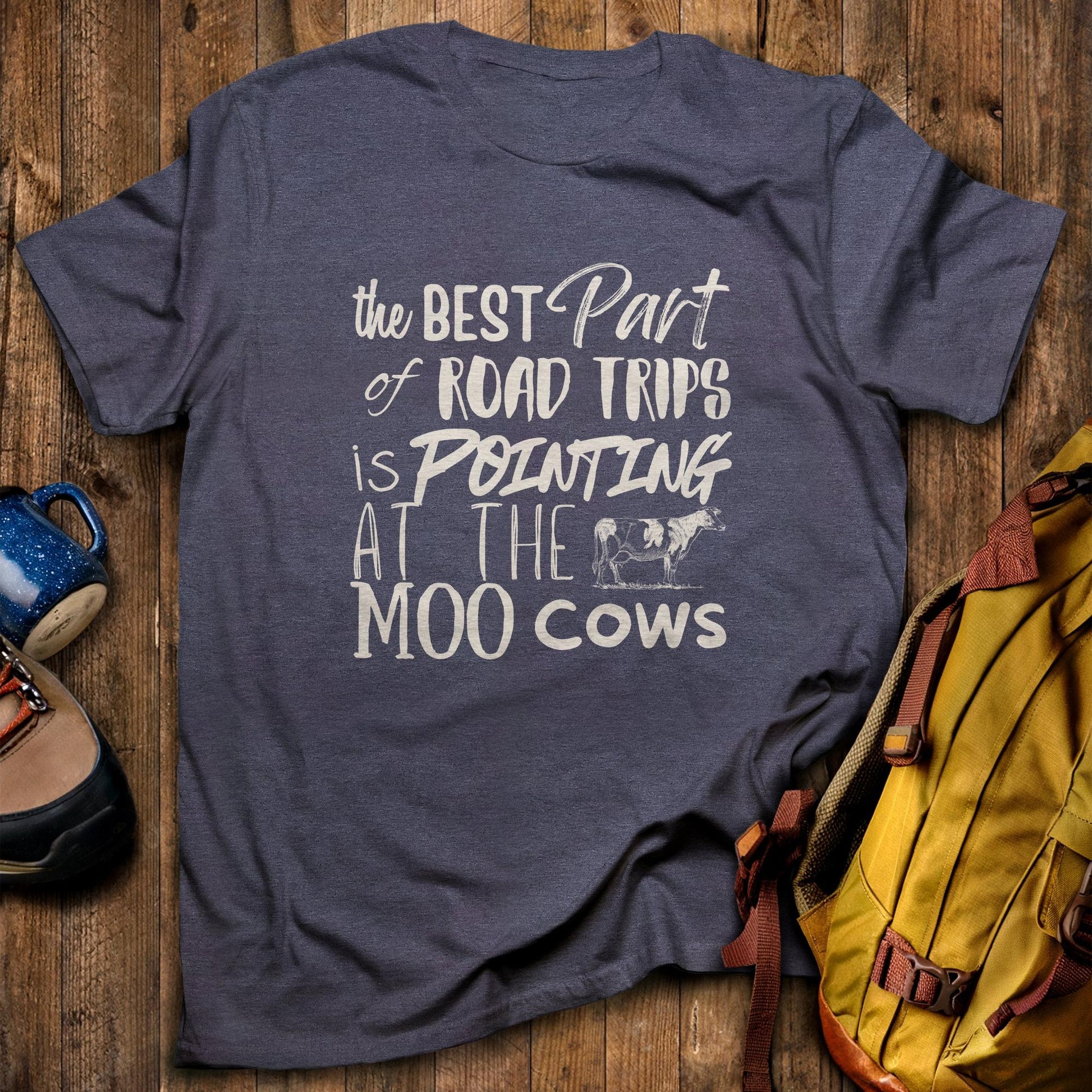 Moo Cows Road Trip T-Shirt Heather Navy Adventure and Outdoors Themed T-Shirt
