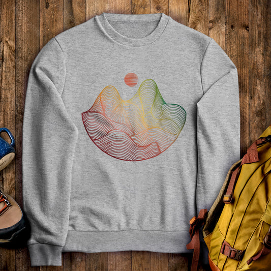 Mountain Sunset Woodblock Crewneck Sweatshirt Sport Grey Adventure and Outdoors Themed Sweatshirt