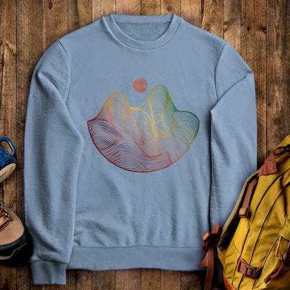 Mountain Sunset Woodblock Crewneck Sweatshirt Stone Blue Adventure and Outdoors Themed Sweatshirt