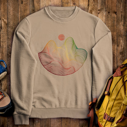 Mountain Sunset Woodblock Crewneck Sweatshirt Sand Adventure and Outdoors Themed Sweatshirt