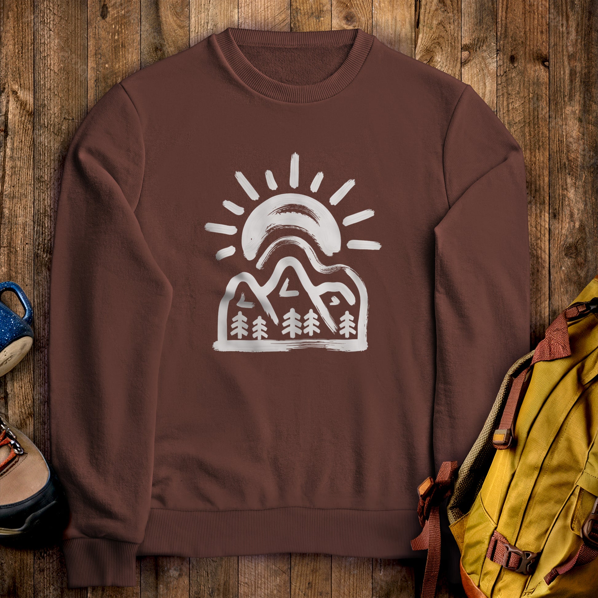 Painted Peaks Crewneck Sweatshirt Cocoa Adventure and Outdoors Themed Sweatshirt