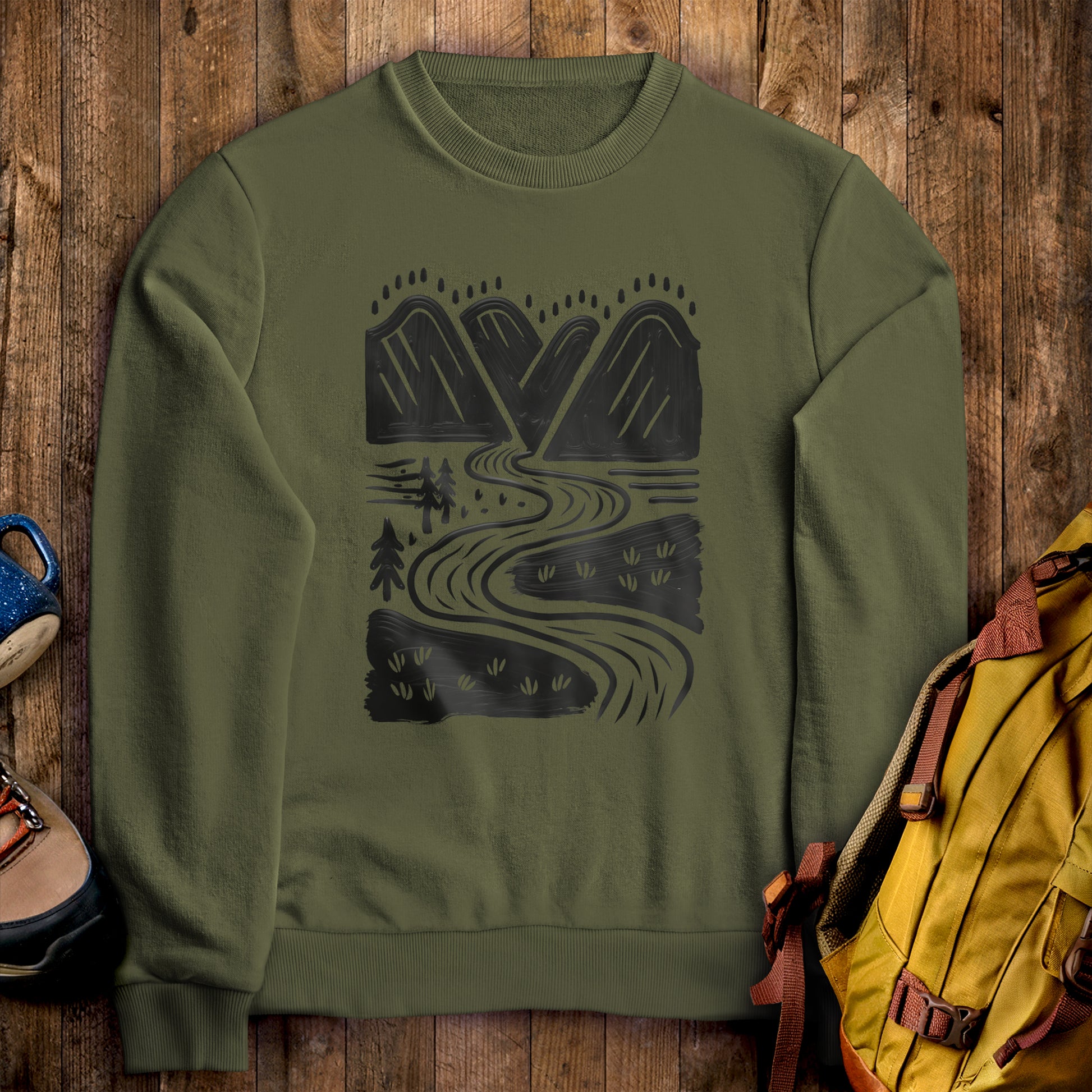 Valley Trails Crewneck Sweatshirt Military Green Adventure and Outdoors Themed Sweatshirt