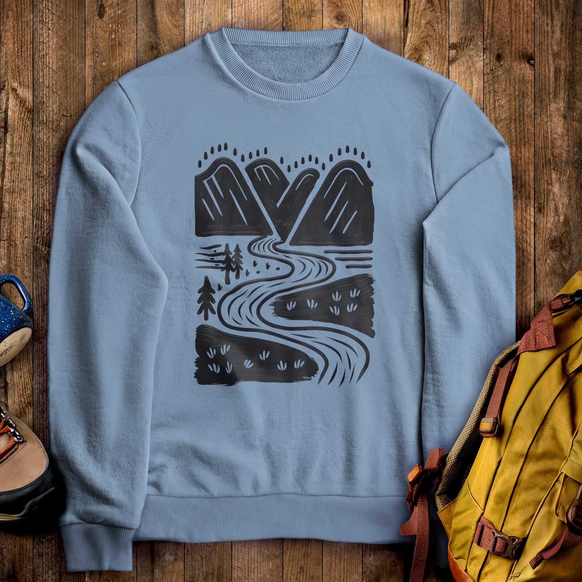 Valley Trails Crewneck Sweatshirt Stone Blue Adventure and Outdoors Themed Sweatshirt