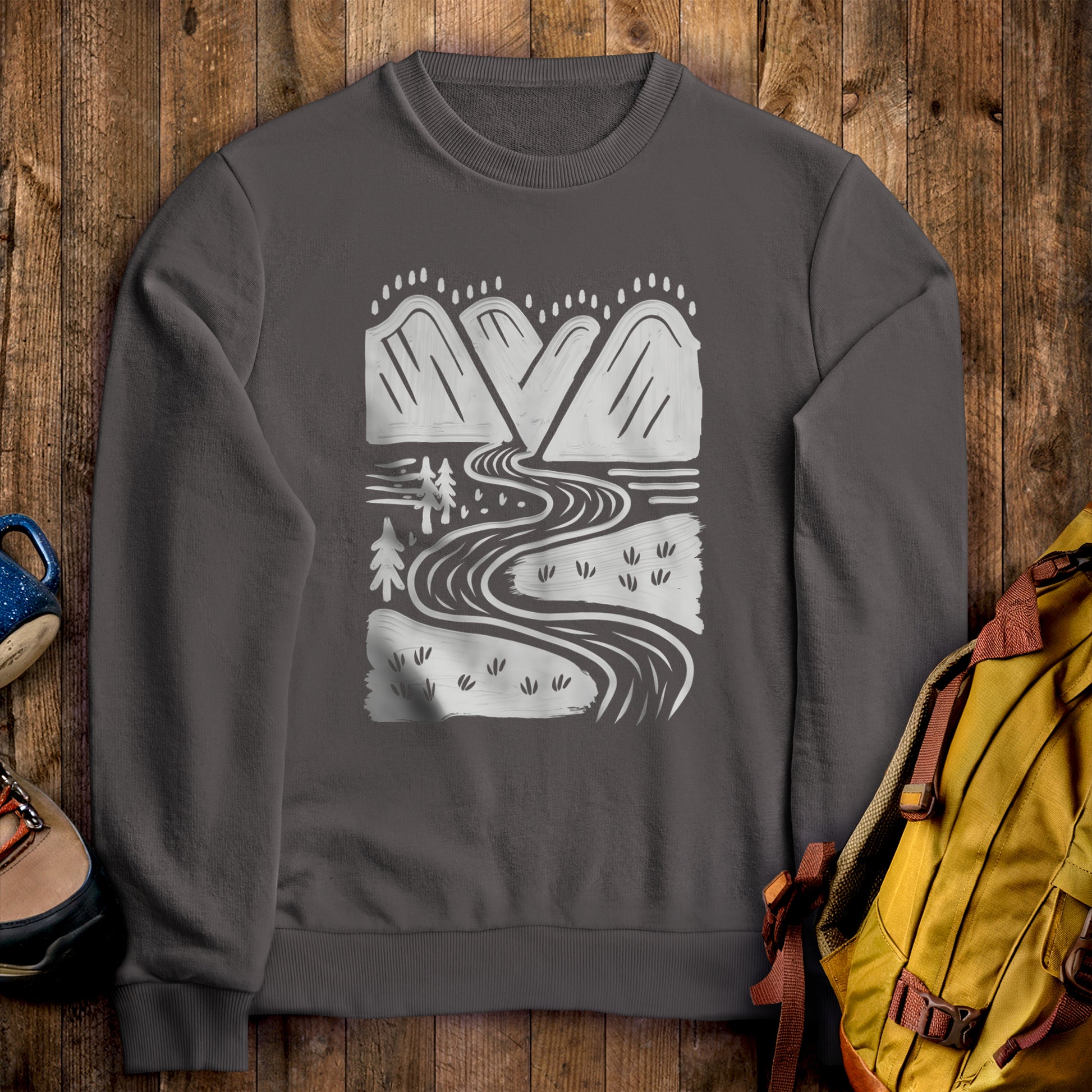 Valley Trails Crewneck Sweatshirt Charcoal Adventure and Outdoors Themed Sweatshirt