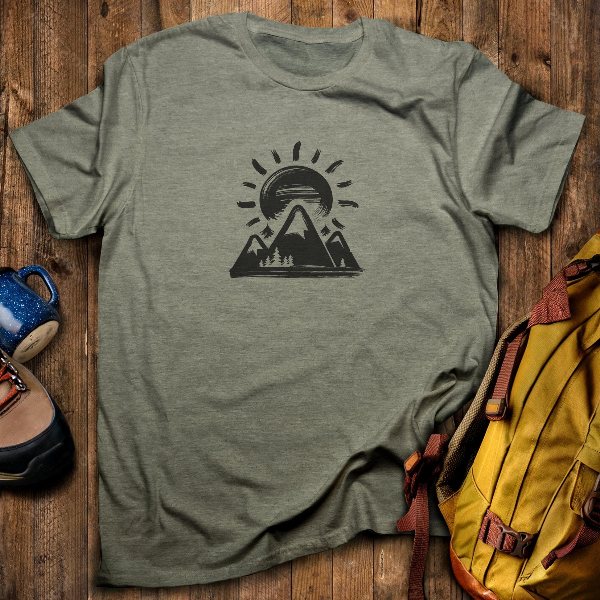 Summit Sunrise Painting T-Shirt Heather Military Green Adventure and Outdoors Themed T-Shirt