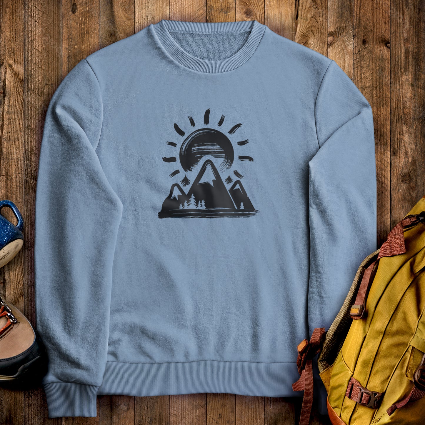 Summit Sunrise Crewneck Sweatshirt Stone Blue Adventure and Outdoors Themed Sweatshirt