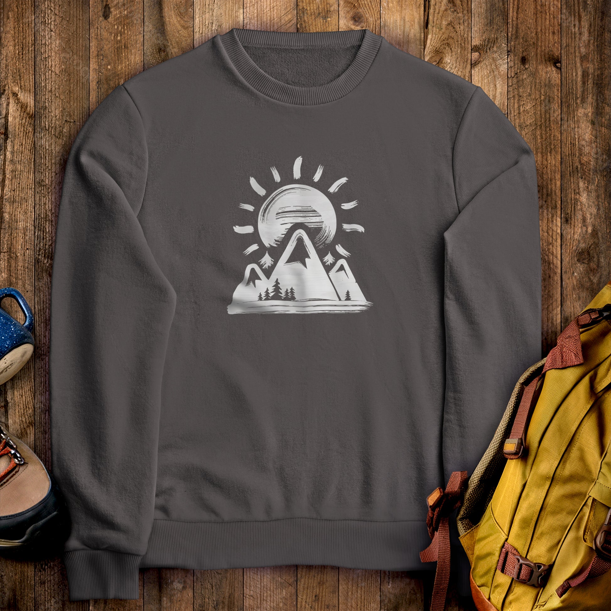 Summit Sunrise Crewneck Sweatshirt Charcoal Adventure and Outdoors Themed Sweatshirt
