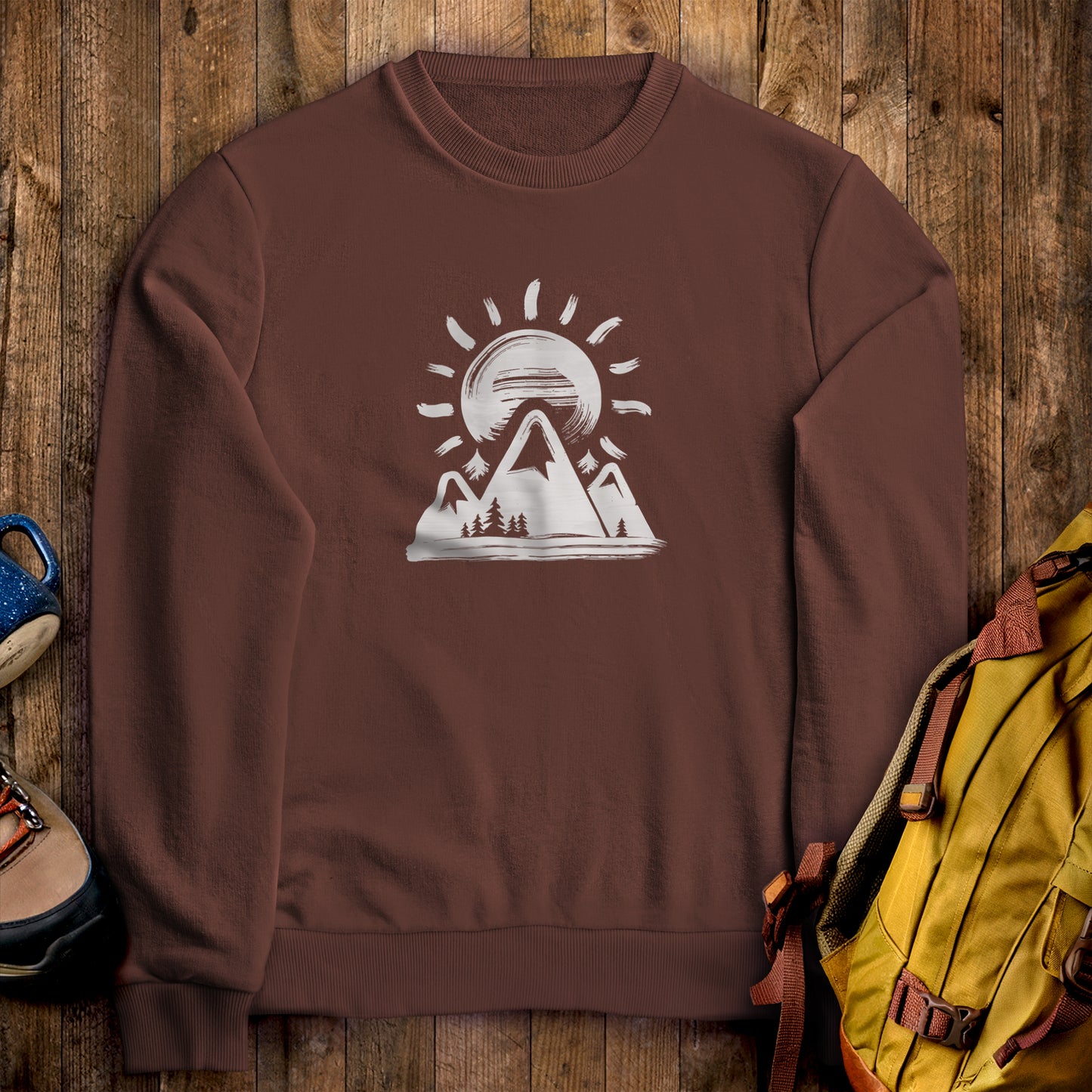 Summit Sunrise Crewneck Sweatshirt Cocoa Adventure and Outdoors Themed Sweatshirt