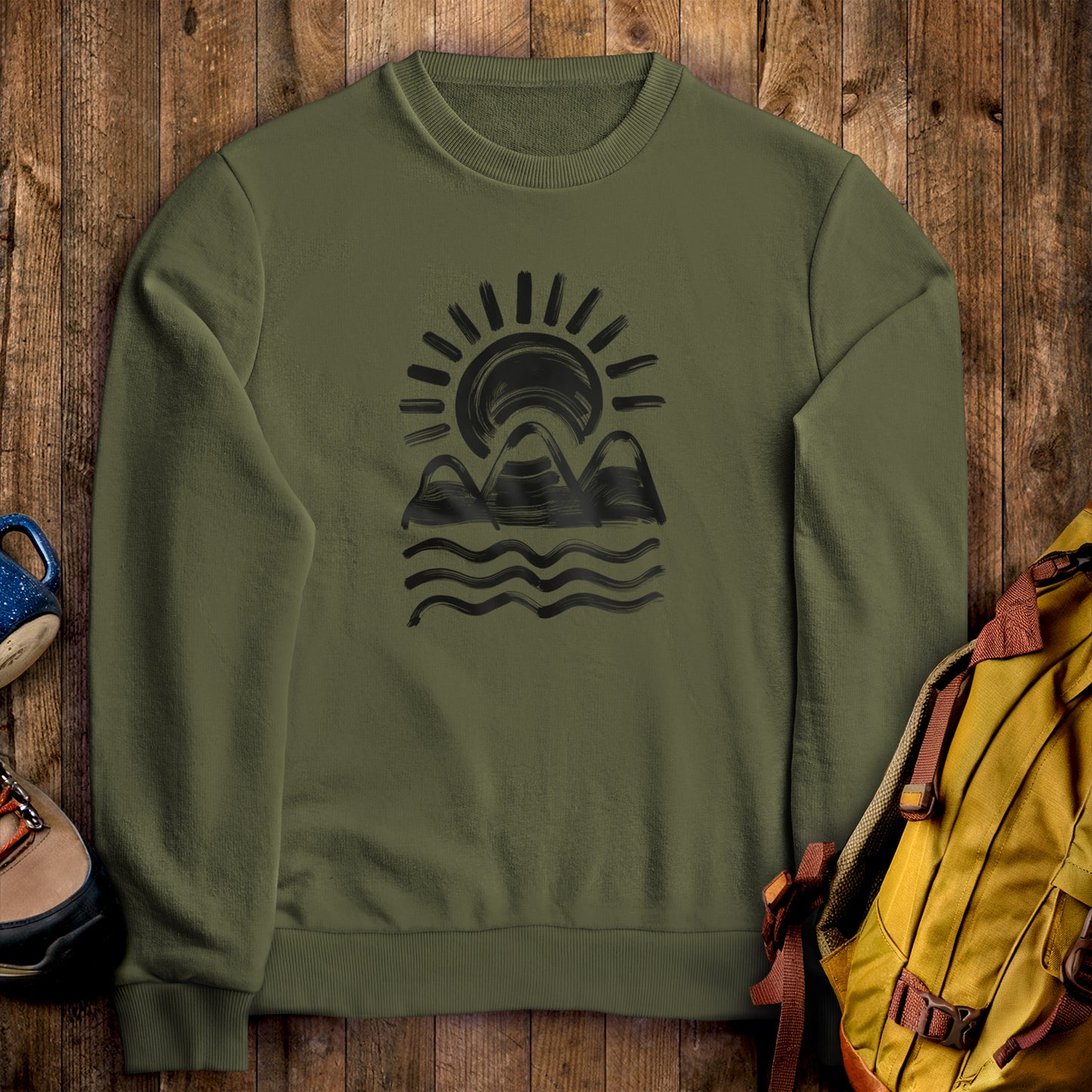 Three Sisters Mountains Crewneck Sweatshirt Military Green Adventure and Outdoors Themed Sweatshirt
