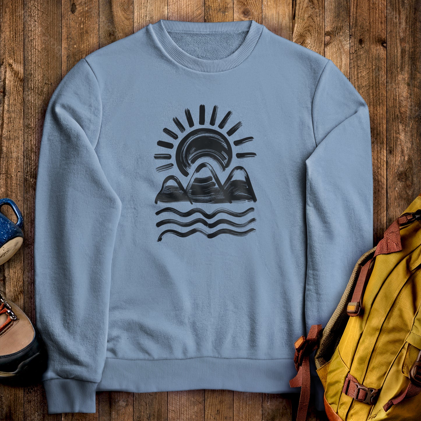 Three Sisters Mountains Crewneck Sweatshirt Stone Blue Adventure and Outdoors Themed Sweatshirt