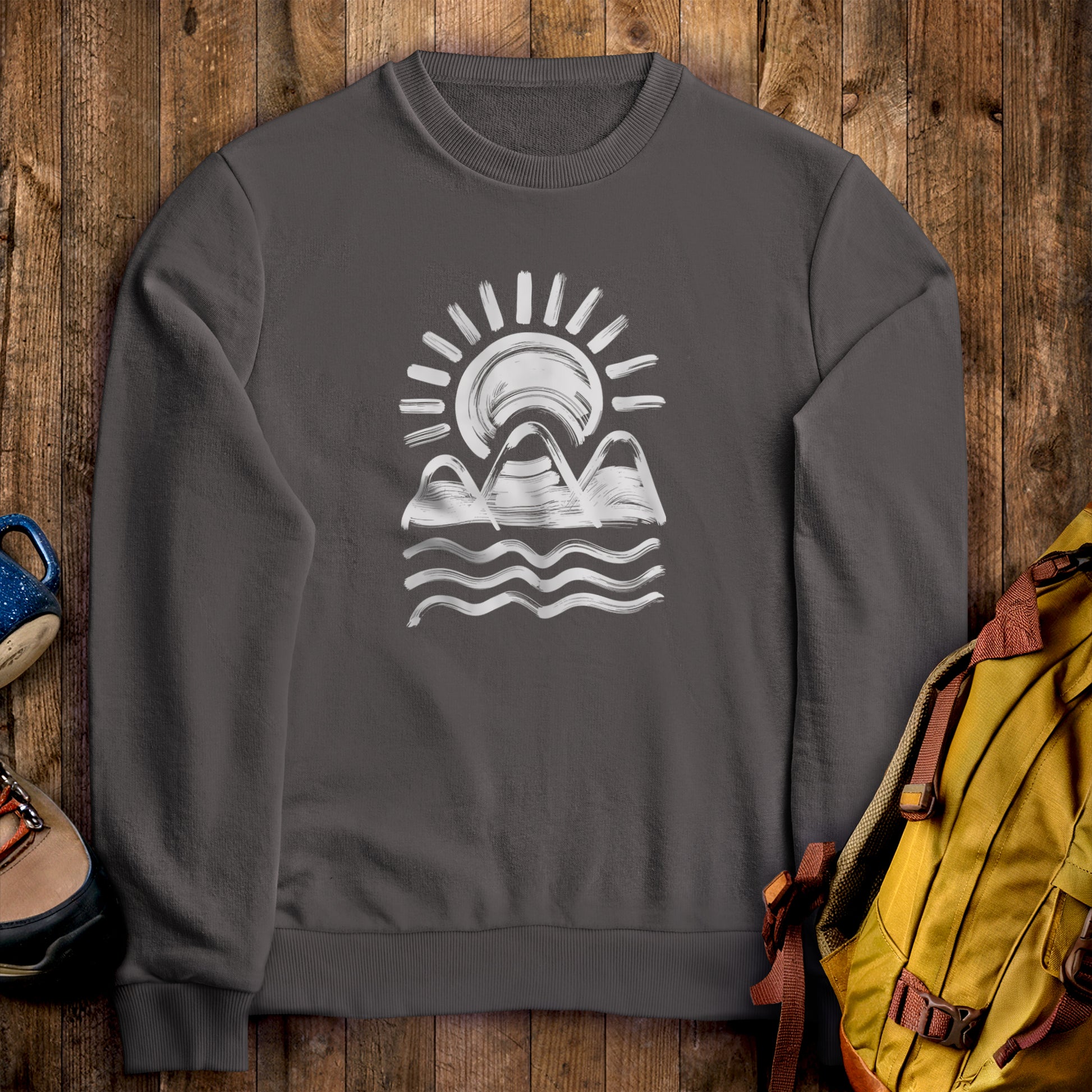 Three Sisters Mountains Crewneck Sweatshirt Charcoal Adventure and Outdoors Themed Sweatshirt