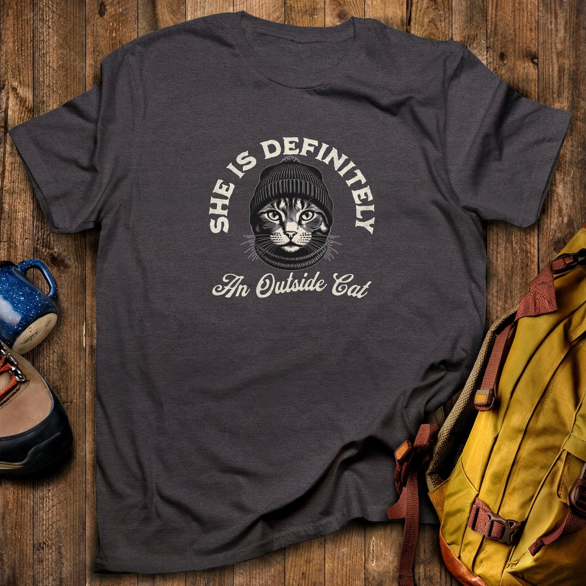 Outside Cat T-Shirt Dark Heather Adventure and Outdoors Themed T-Shirt