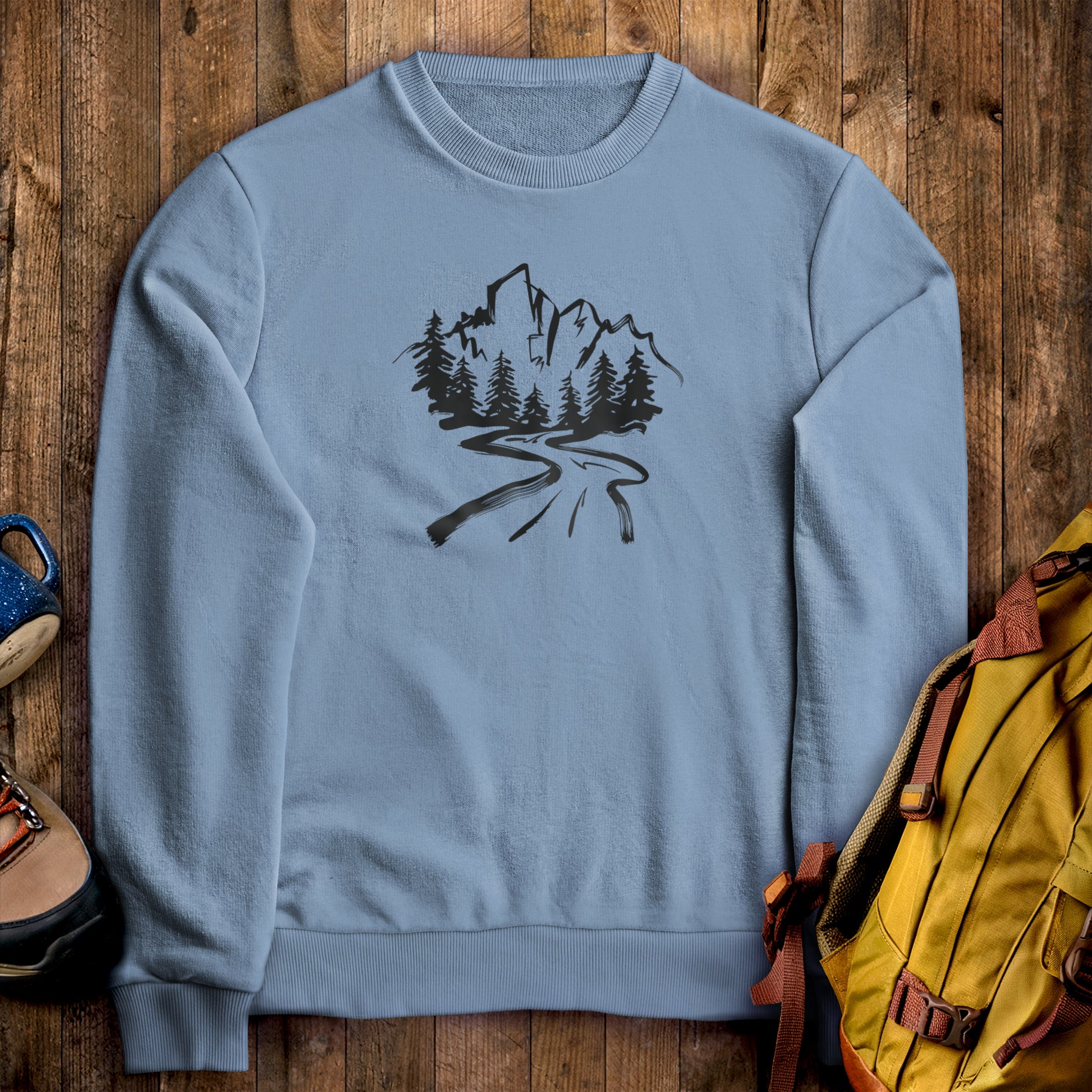 Mountain Bound Crewneck Sweatshirt Stone Blue Adventure and Outdoors Themed Sweatshirt