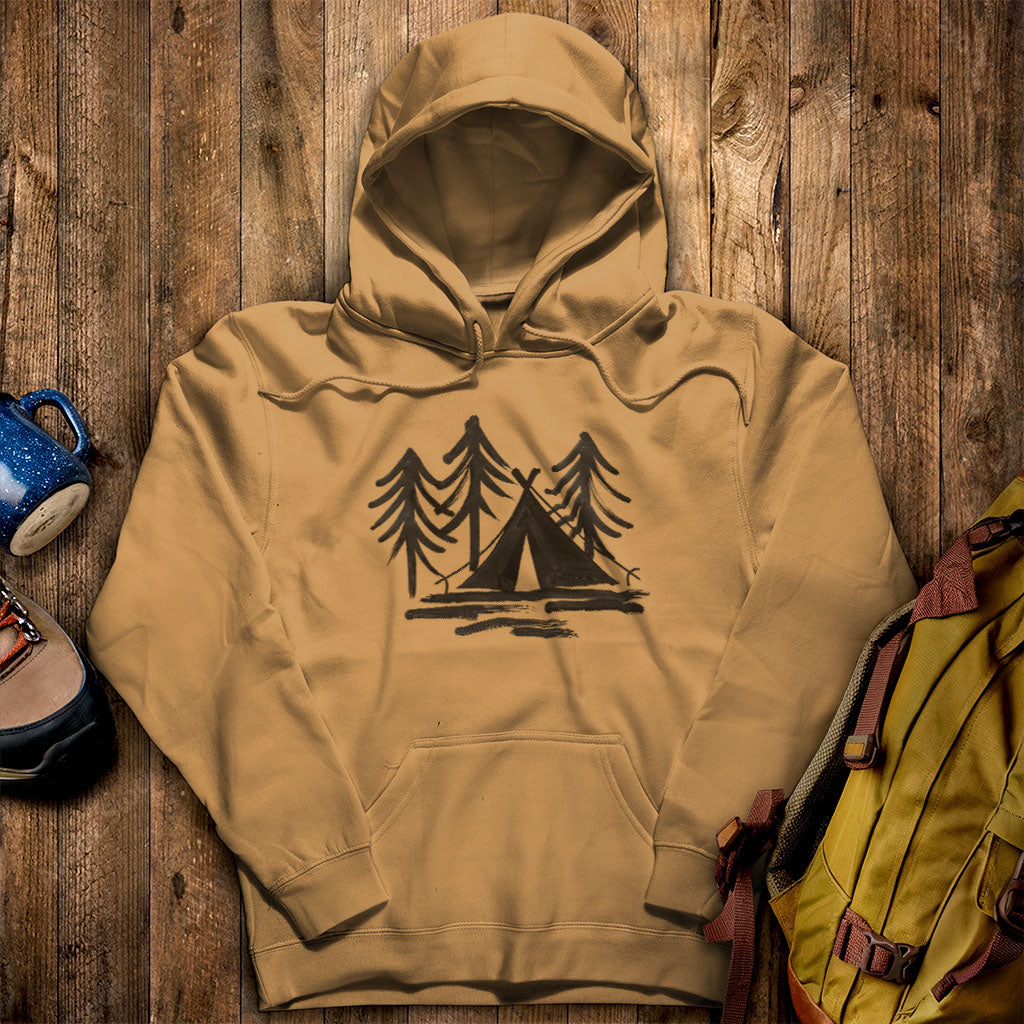 Painted Camp Hoodie Mustard Adventure and Outdoors Themed Hoodie